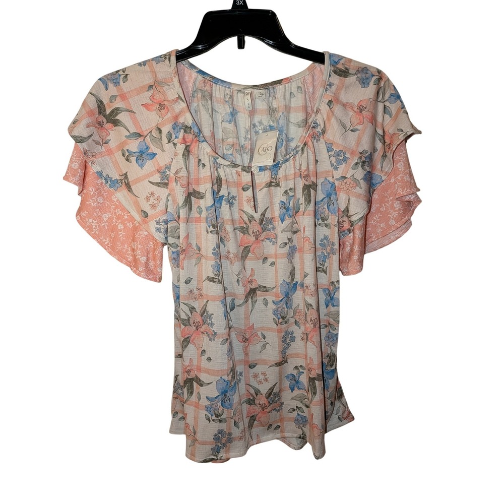 Cato Womens Floral Plaid Flutter Sleeve Split Neck Blouse Peach Blue‎ Medium NWT